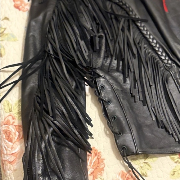 Women’s Black Fringe Leather Biker Motorcycle Jacket Rose Pattern Size Large - Picture 8 of 14